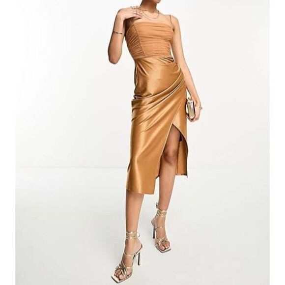 ASOS DESIGN Women's Sz 4 Gold Mesh Ruched Cami Drape Satin Midi Dress - Picture 13 of 14